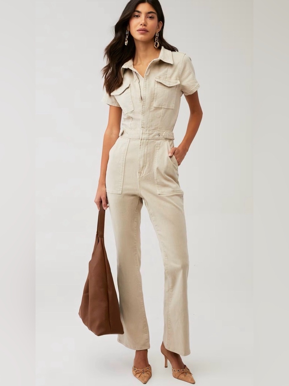 Good American Fit For Success Beige Short-Sleeve Utility Bootcut Jumpsuit F13